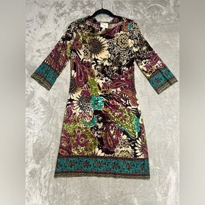 Beige By Eci Midi 3/4 Sleeve Stretch Dress Women’s 4 Floral Purple Teal